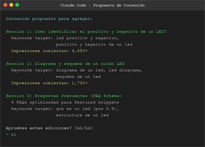 Propuesta de nuevas secciones de contenido optimizado para SEO generada por Claude Code basada en keywords de oportunidad