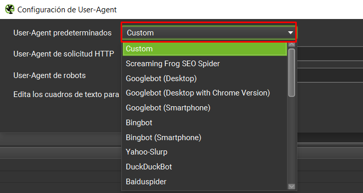 Cambiar User-Agent en Screaming Frog