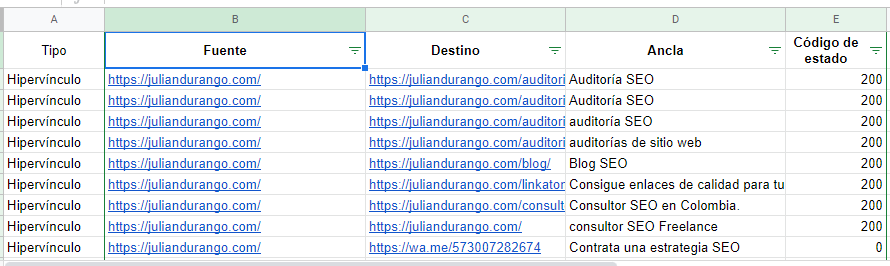 Exportación de enlaces internos desde Screaming Frog