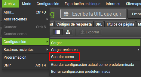 Guardar configuración personalizada en Screaming Frog