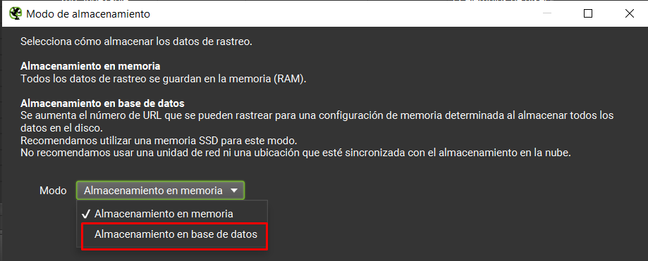 Modo de almacenamiento en Screaming Frog