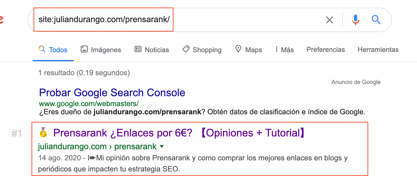 Comando site: para verificar indexación en Google