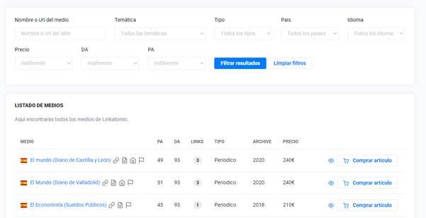 Comprar reseñas en periódicos desde Linkatomic