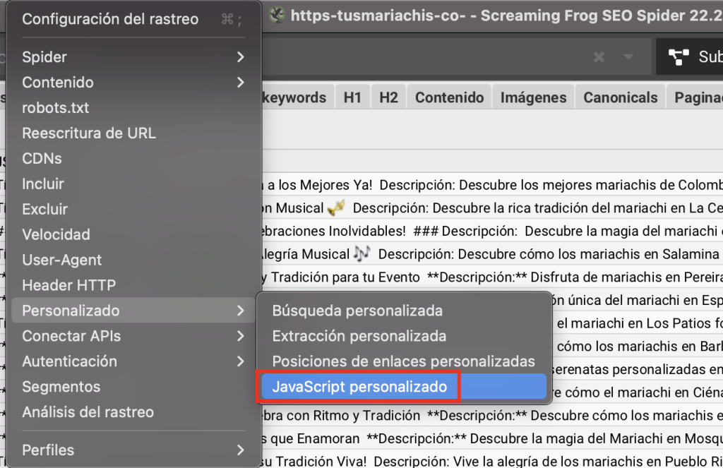 Configurar JavaScript personalizado en Screaming Frog