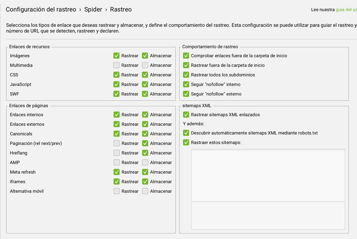 Configuración del Spider en Screaming Frog: opciones de rastreo y almacenamiento