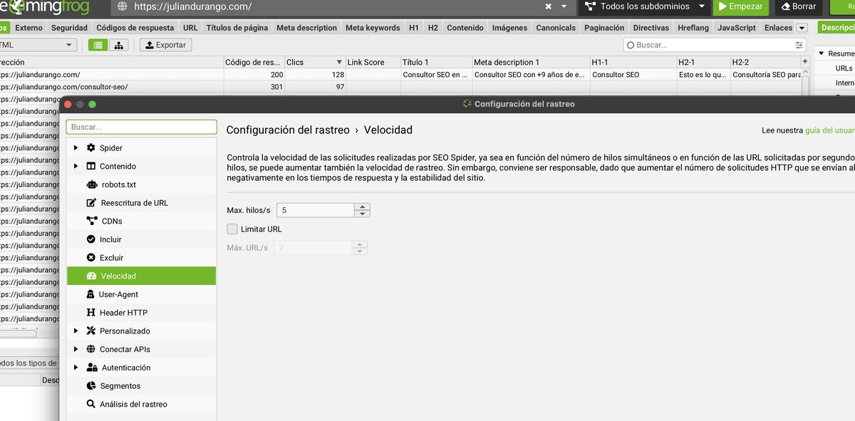 Configuración de velocidad de rastreo en Screaming Frog
