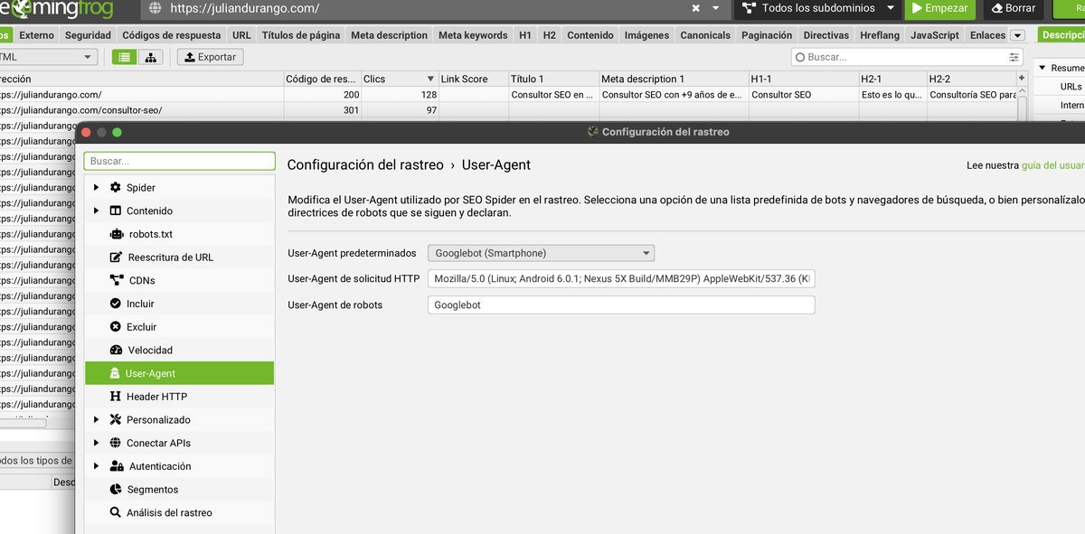 Configuración del User-Agent en Screaming Frog