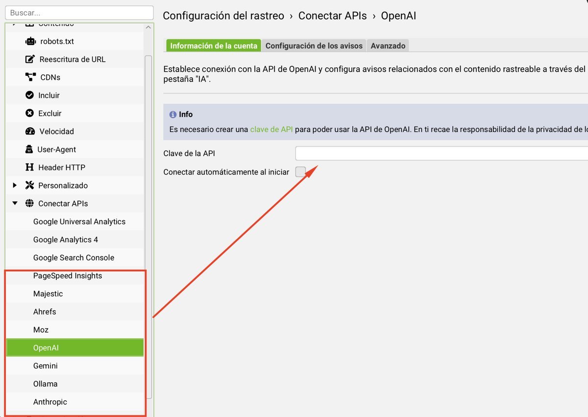 Panel de conexión de APIs en Screaming Frog mostrando todas las integraciones disponibles